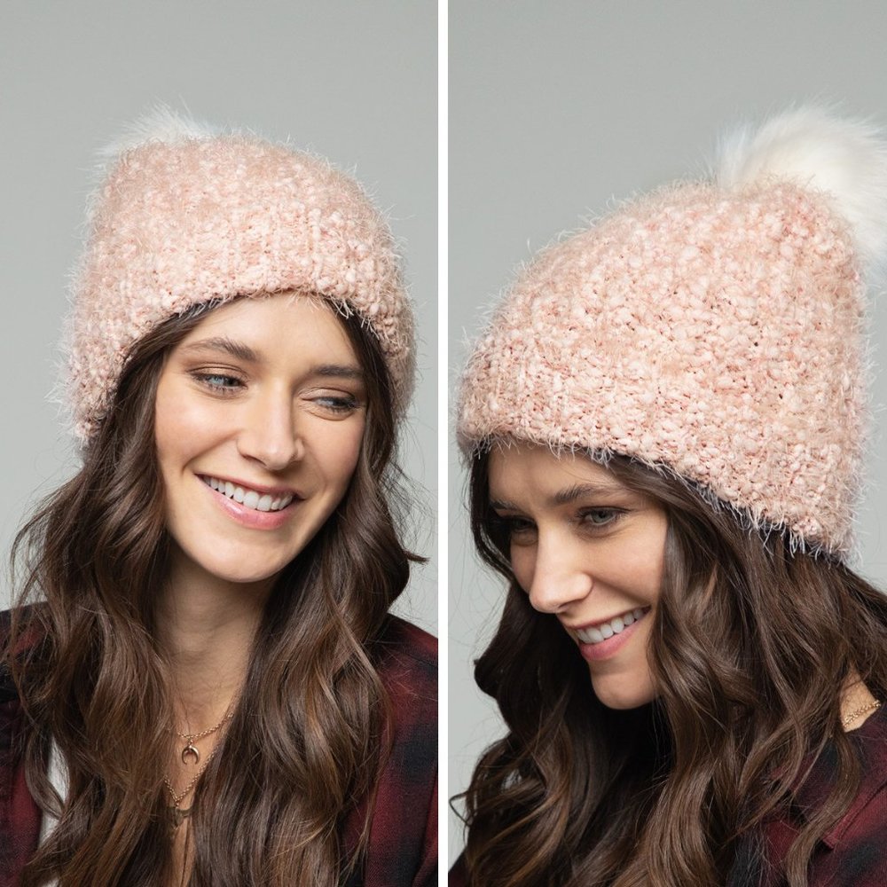 2 PACK: Blush fuzzy ultra soft warm women comfy winter knit pom beanie hat